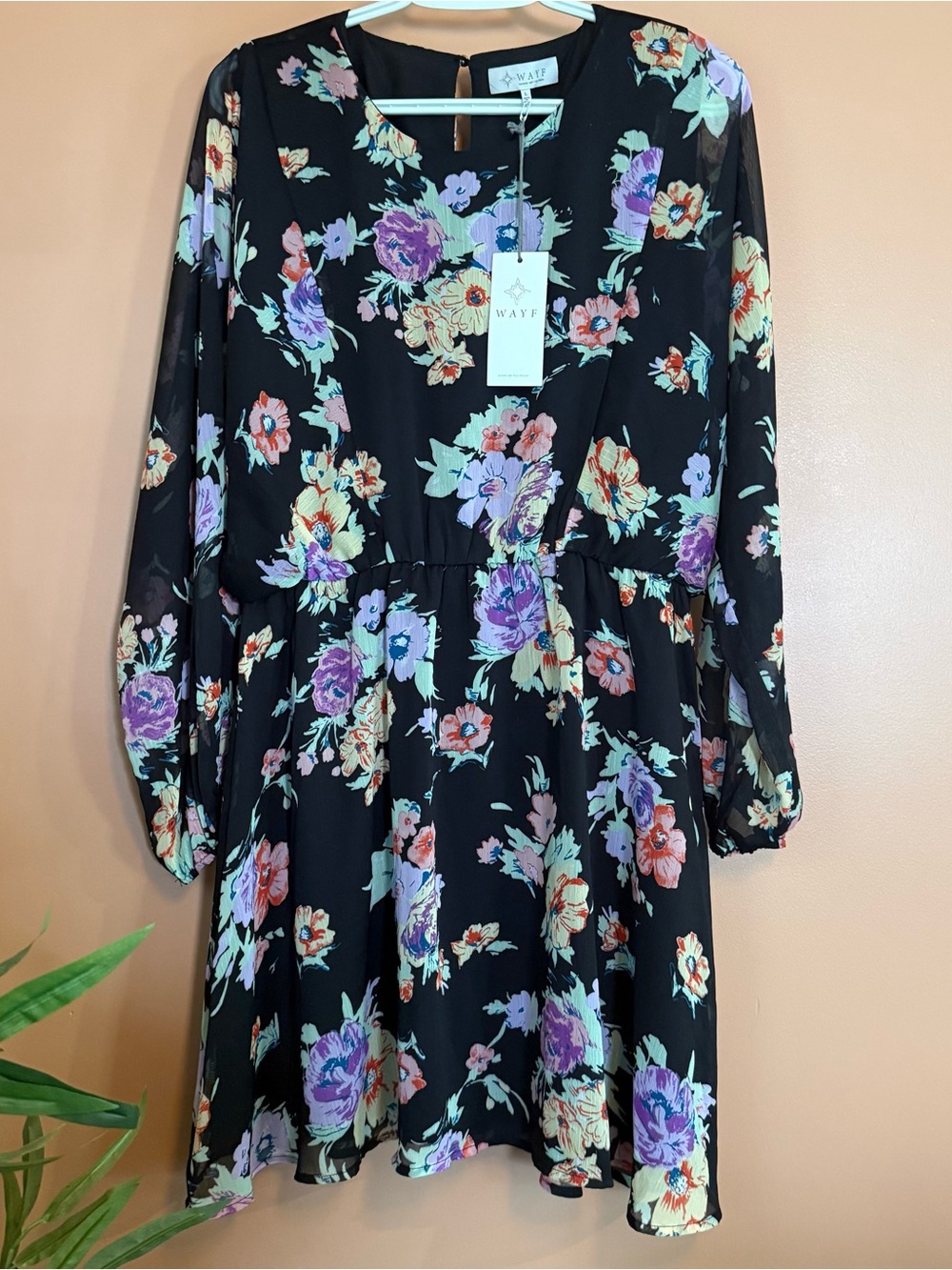 WAYF Black Floral Chiffon Dress Women’s L NWT Romantic Wedding Guest Cocktail